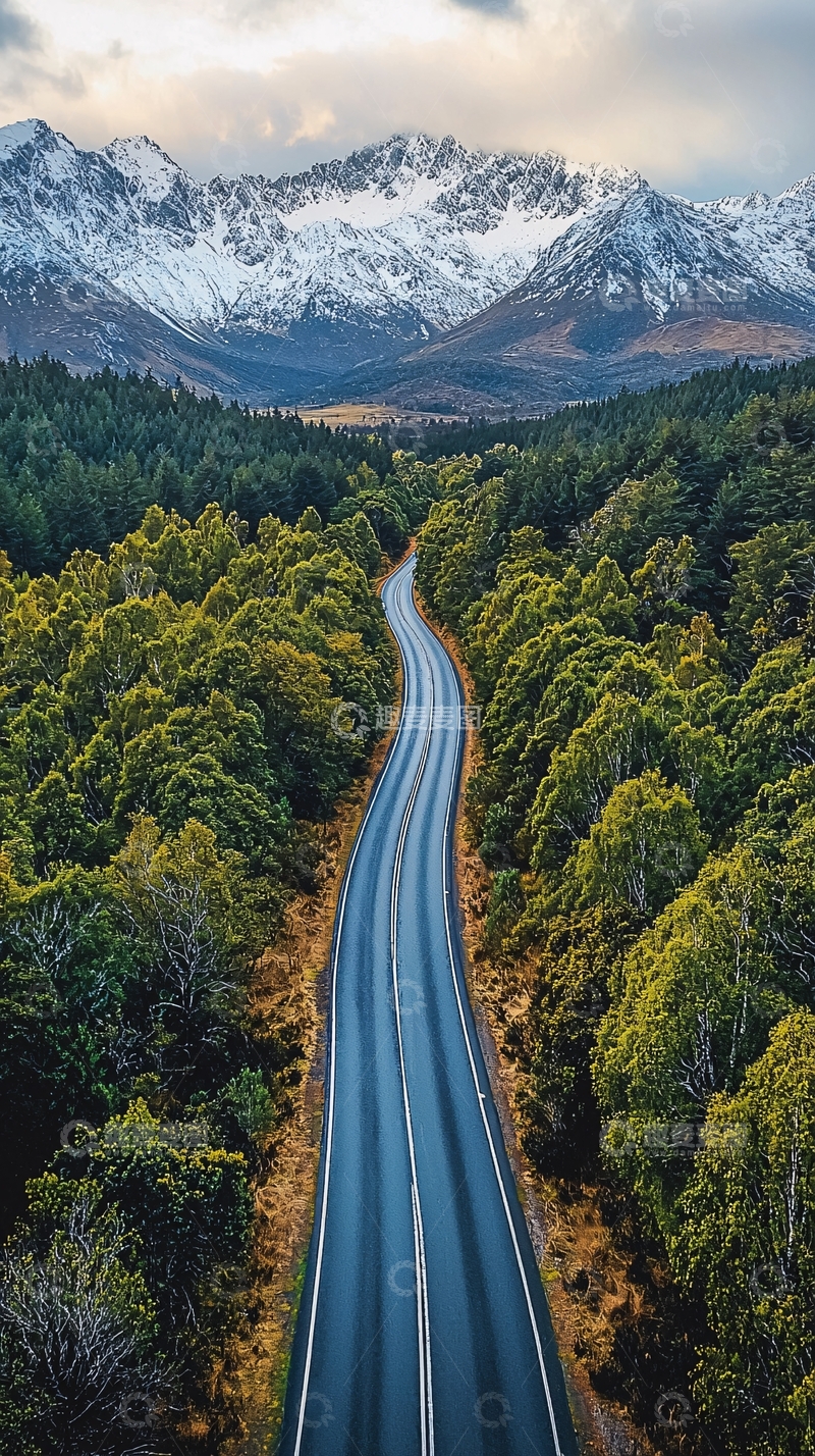 高清大图下载【趣麦麦图】蜿蜒道路连接雪山森林