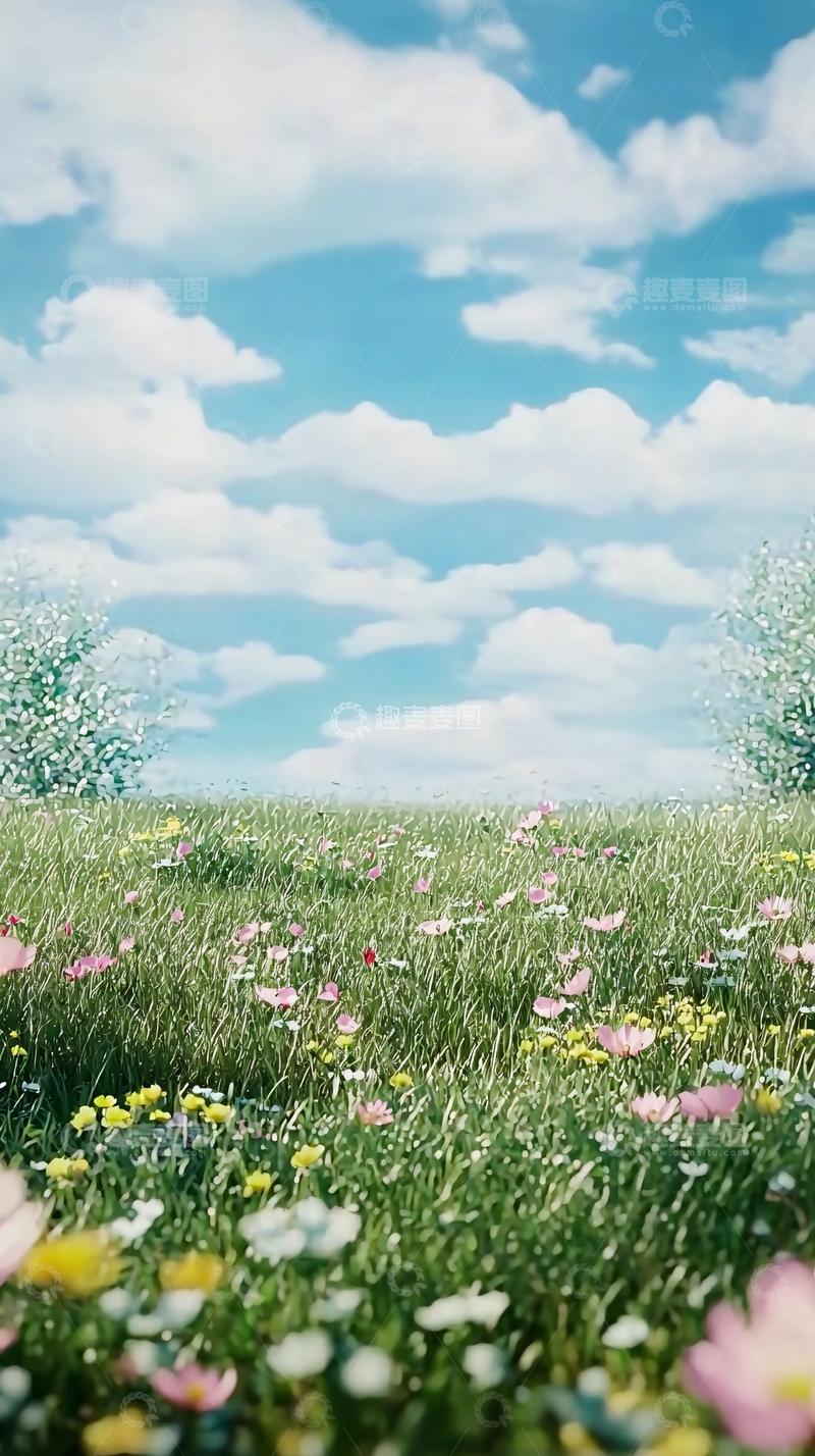 高清大图下载【趣麦麦图】蓝天白云下的野花草地