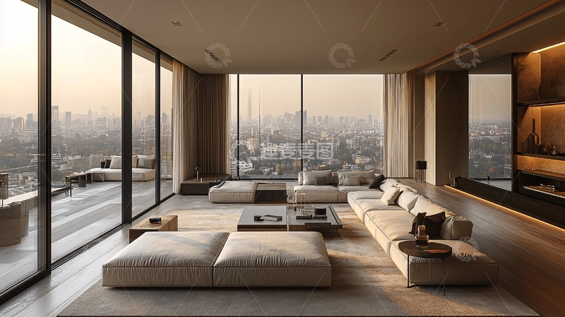 高清大图下载【趣麦麦图】极简现代风格落地窗豪宅客厅