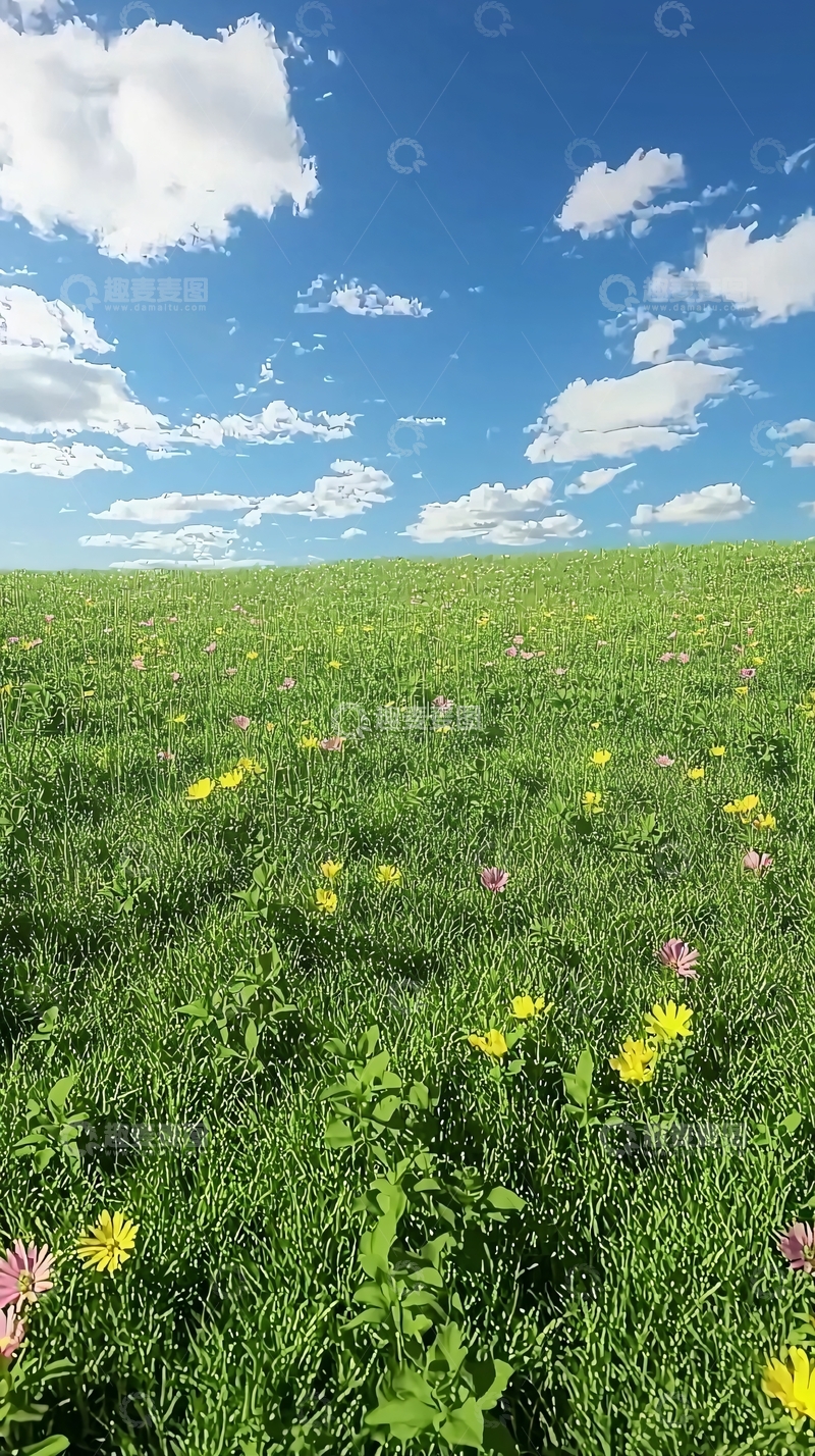 高清大图下载【趣麦麦图】蓝天白云下的绿色花田