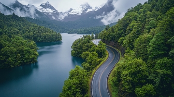 山路环绕碧绿湖泊