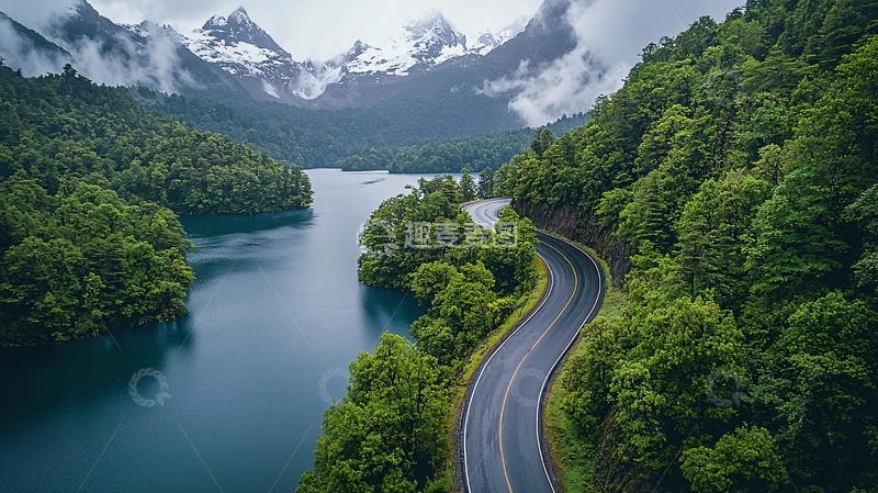 高清大图下载【趣麦麦图】山路环绕碧绿湖泊