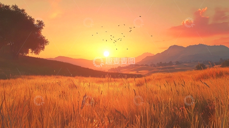 高清大图下载【趣麦麦图】夕阳下的麦田景色