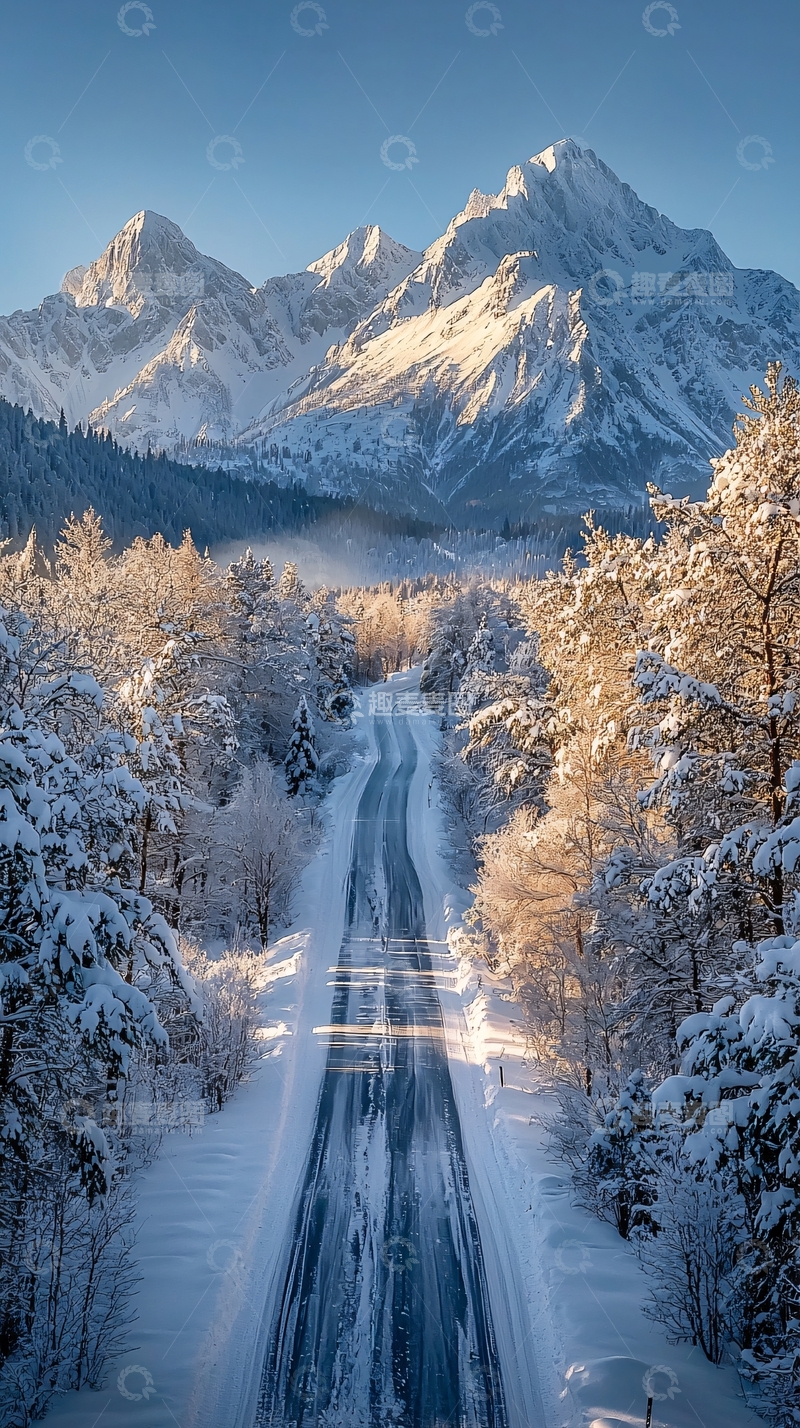高清大图下载【趣麦麦图】雪山森林公路
