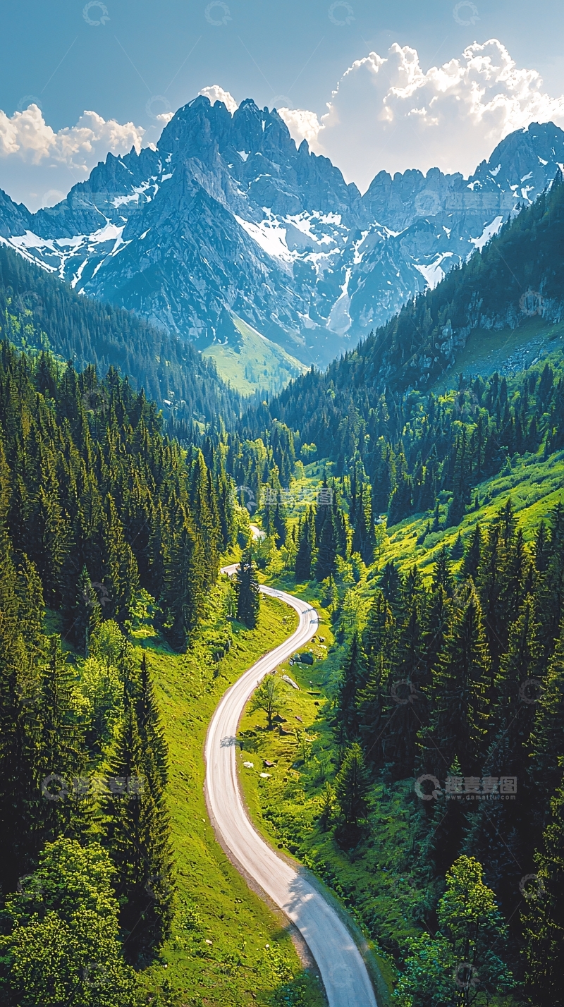 高清大图下载【趣麦麦图】蜿蜒山路穿梭绿色森林