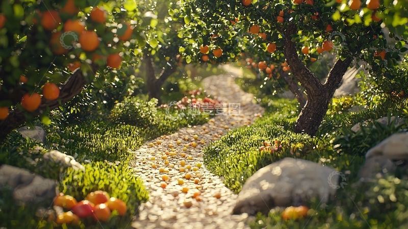 高清大图下载【趣麦麦图】阳光下的橙子树林小路