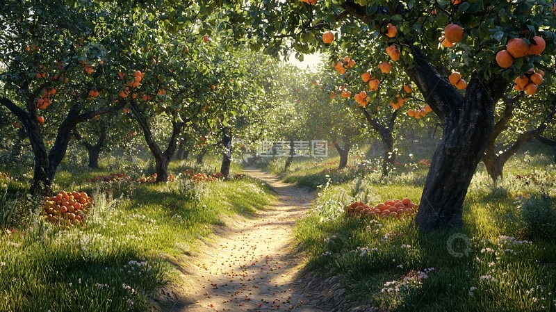 高清大图下载【趣麦麦图】阳光洒满桃林小径