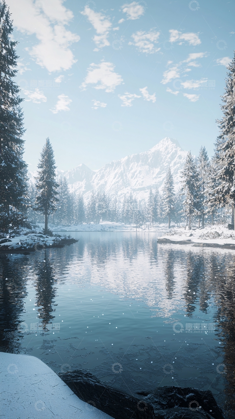 高清大图下载【趣麦麦图】冬日雪景湖泊山脉森林