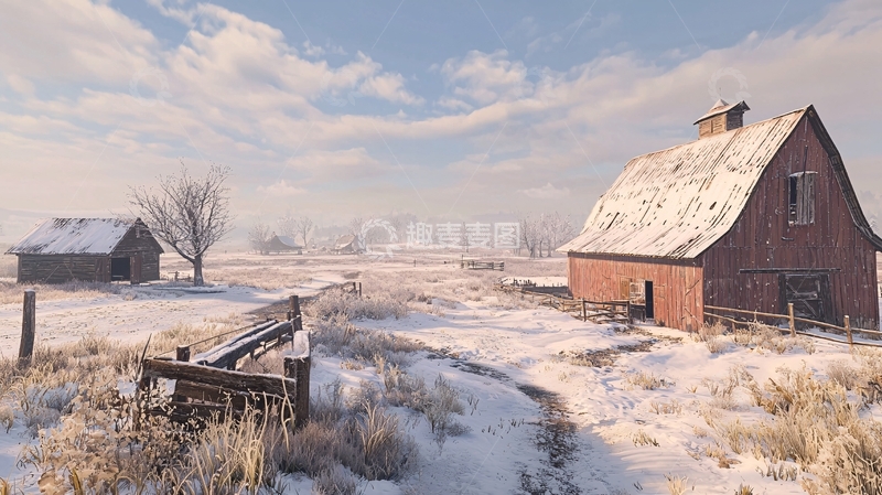 高清大图下载【趣麦麦图】冬日雪景乡村农舍
