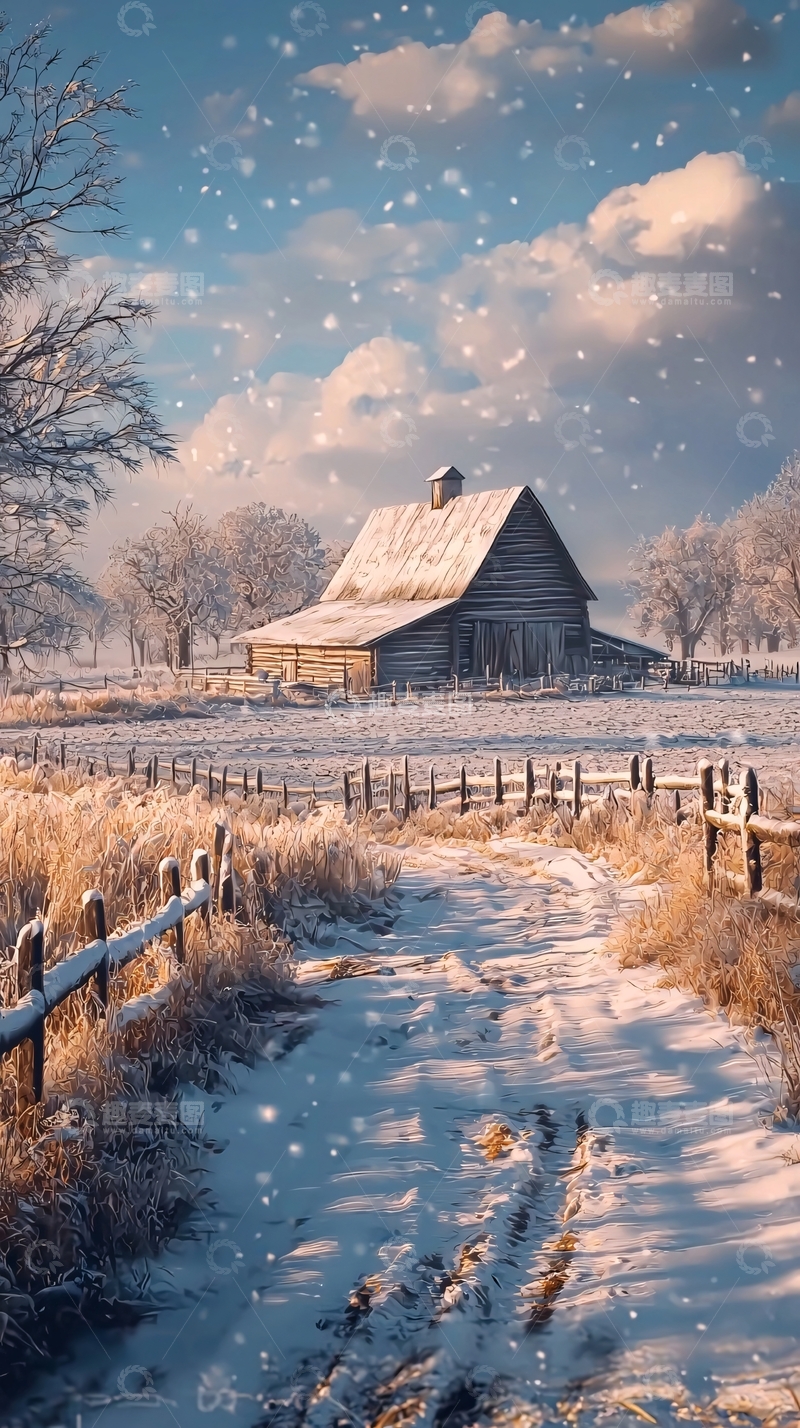 高清大图下载【趣麦麦图】冬日雪景下的乡村木屋