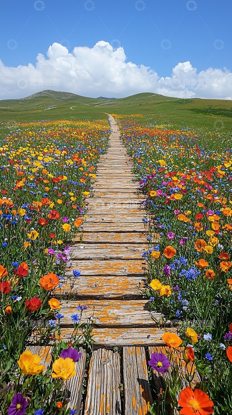 高清大图下载【趣麦麦图】木板路通向五彩花田