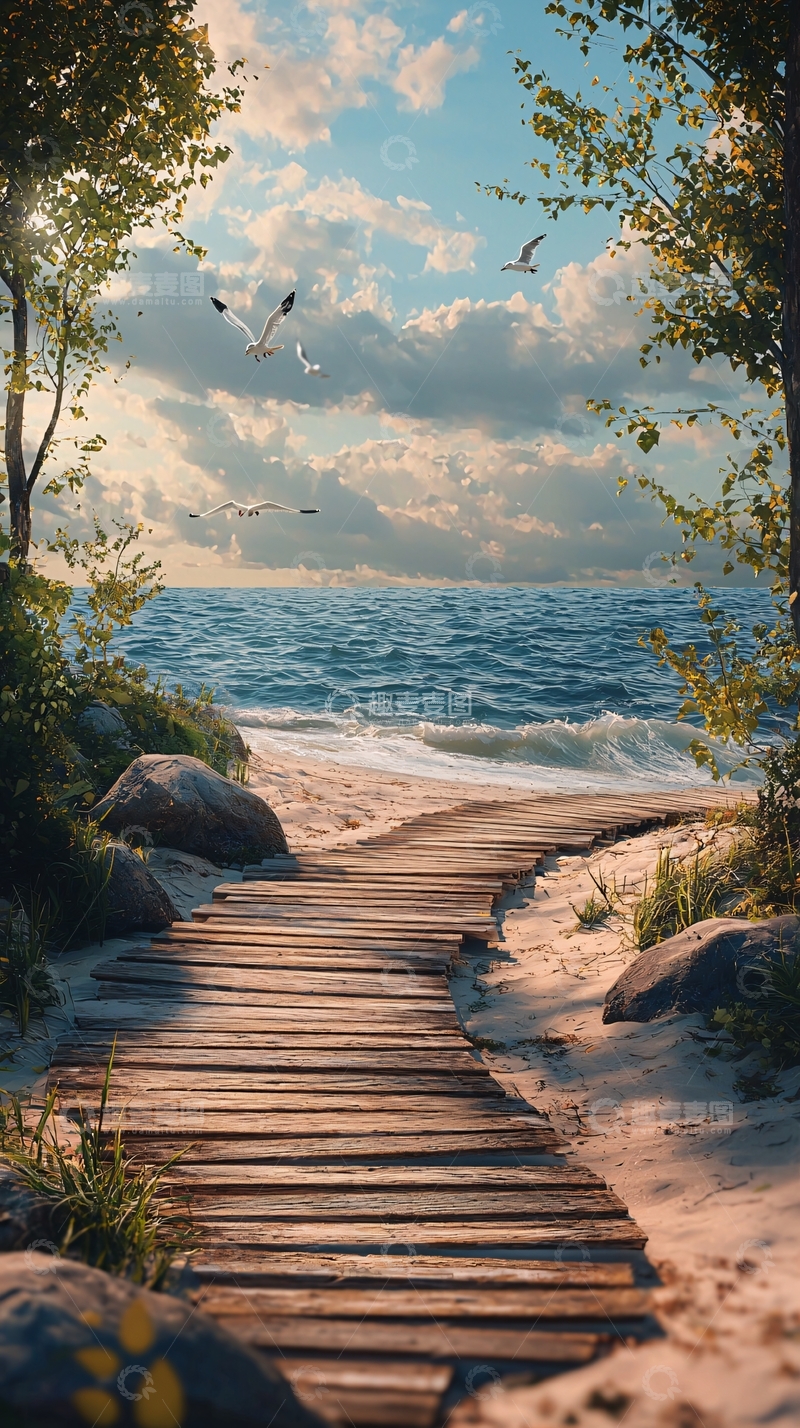 高清大图下载【趣麦麦图】木栈道通向海边