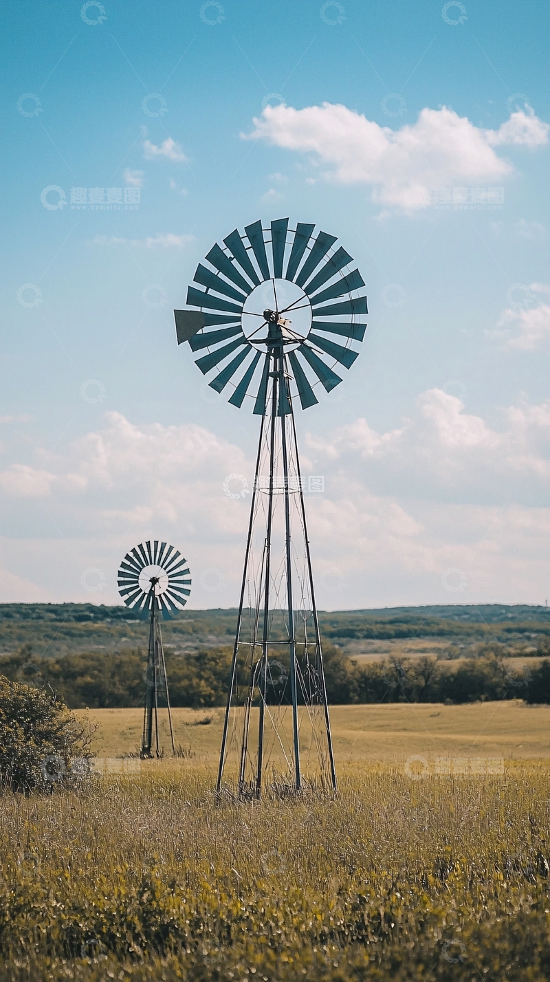 高清大图下载【趣麦麦图】田野里两座旧式风车