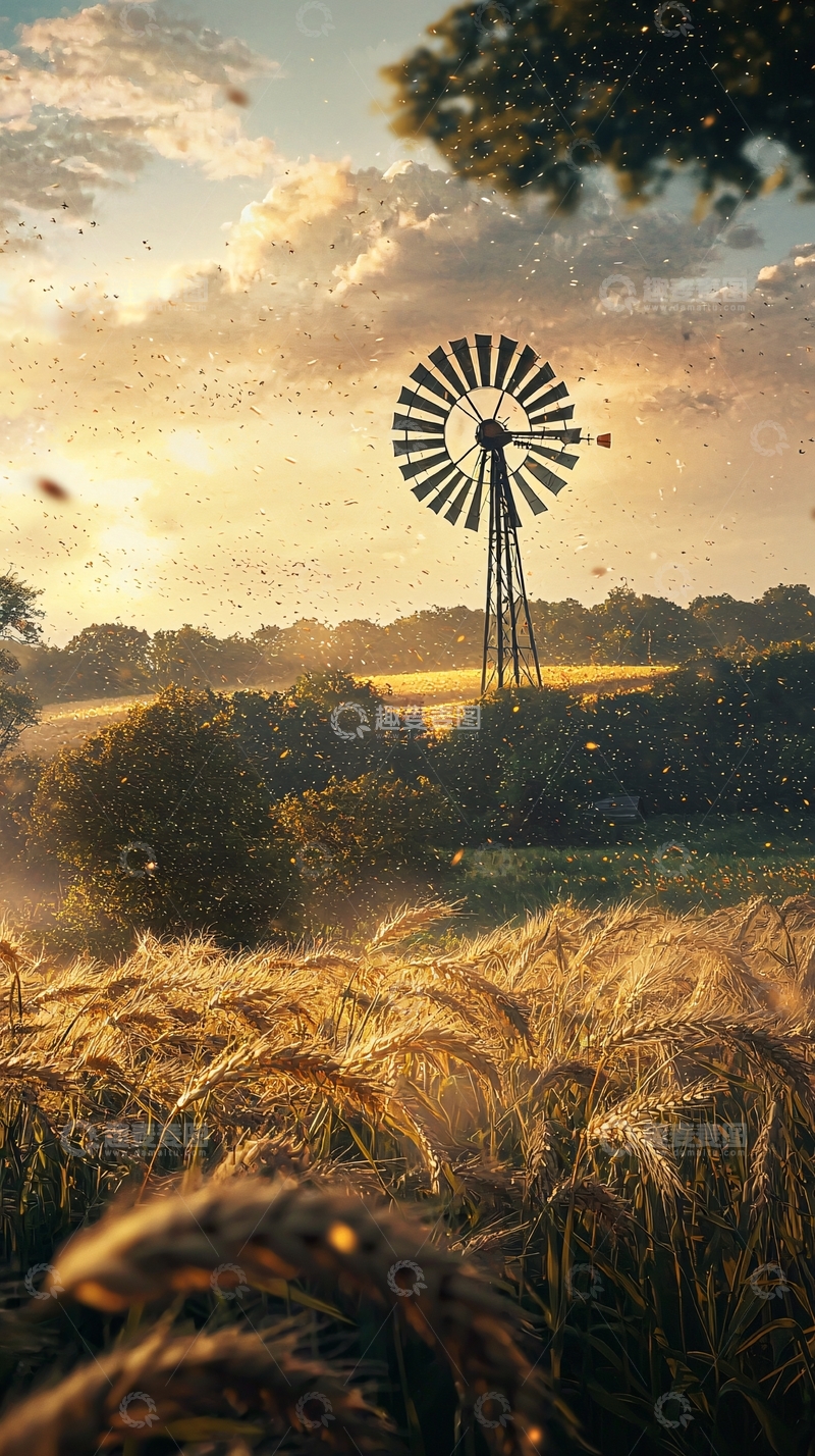 高清大图下载【趣麦麦图】日落麦田风车风景