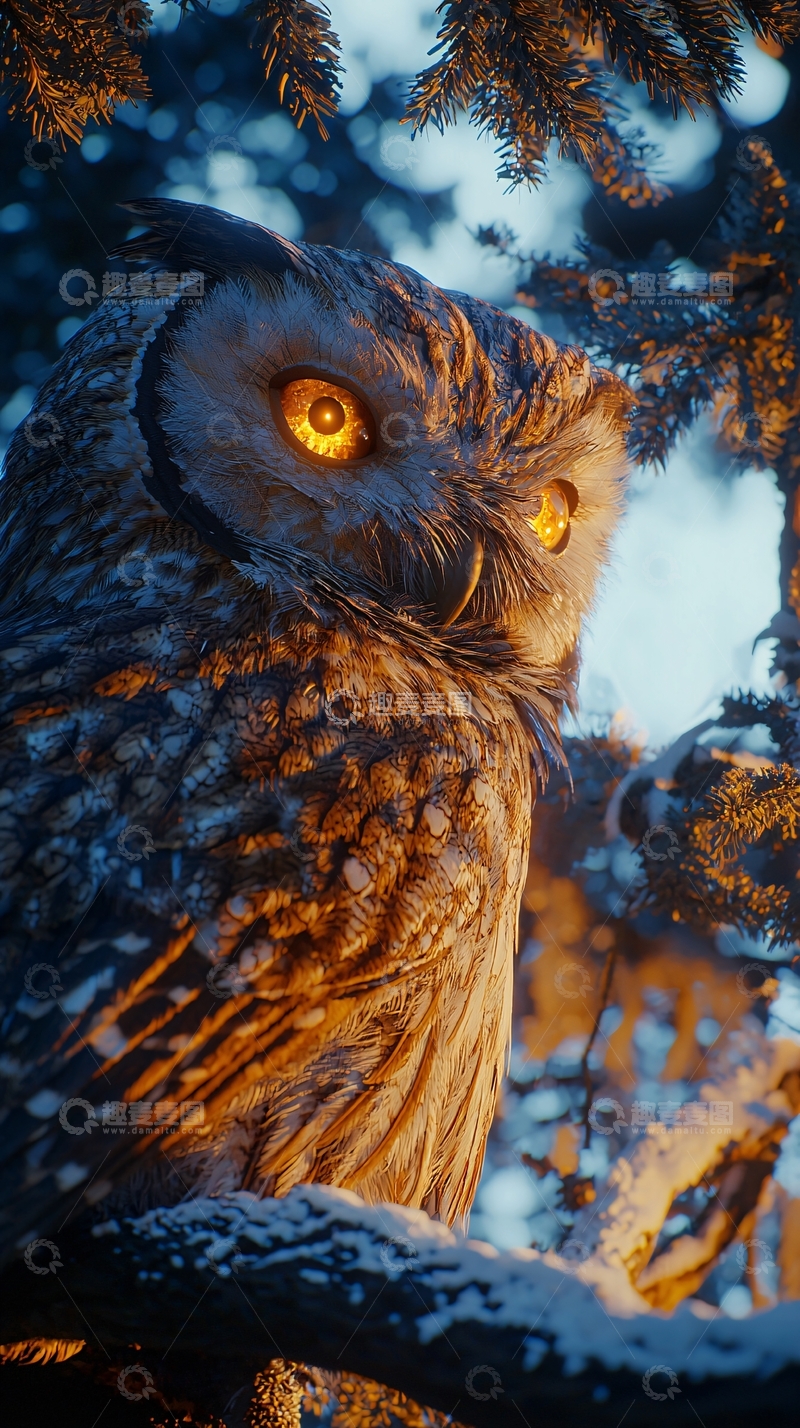 高清大图下载【趣麦麦图】雪地里金黄眼睛的猫头鹰