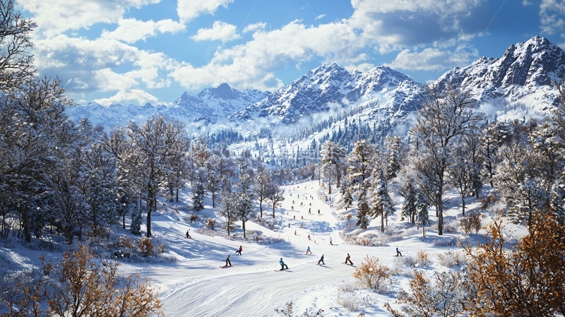 高清大图下载【趣麦麦图】雪山下的滑雪场全景