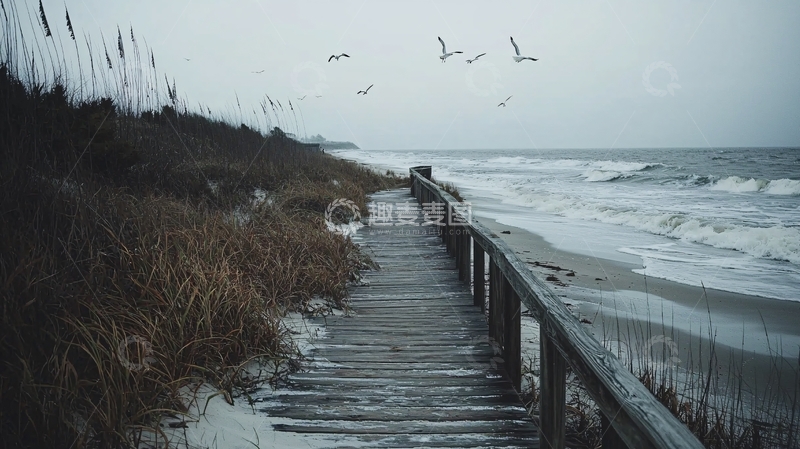 高清大图下载【趣麦麦图】海边木栈道