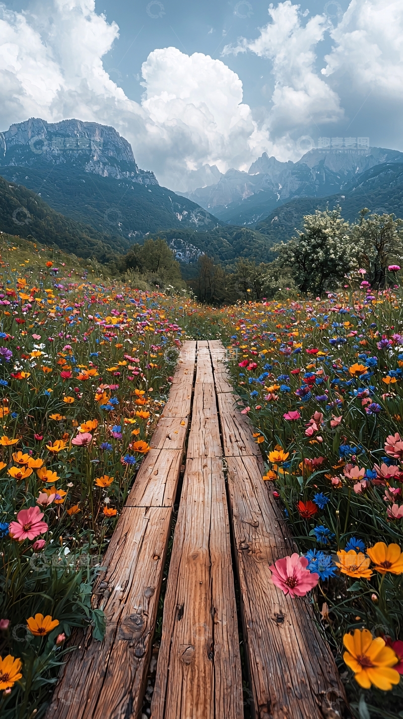 高清大图下载【趣麦麦图】木板路通向鲜花盛开的山谷