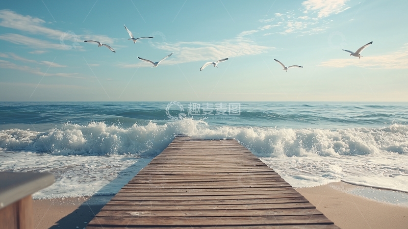 高清大图下载【趣麦麦图】海边木栈道