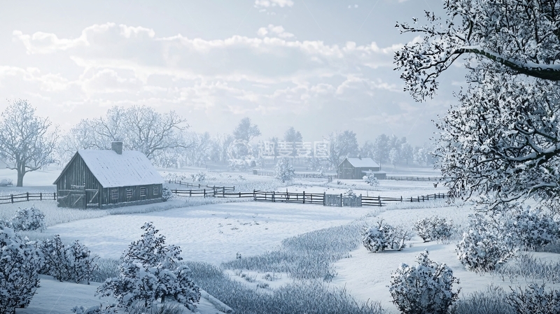 高清大图下载【趣麦麦图】冬季雪景乡村小屋