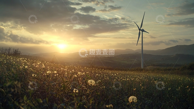 高清大图下载【趣麦麦图】夕阳下的风力发电机