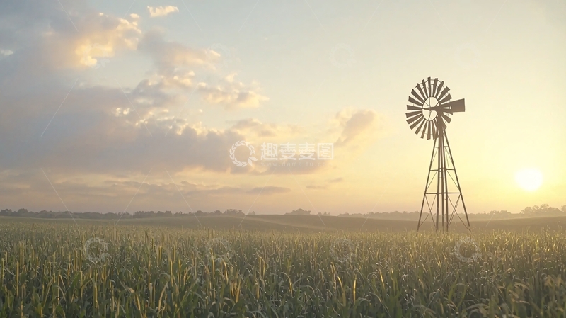 高清大图下载【趣麦麦图】日出时分田野里的风车