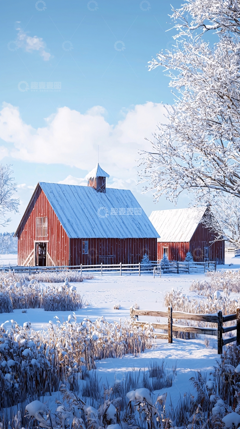 高清大图下载【趣麦麦图】冬日雪景下的红色谷仓