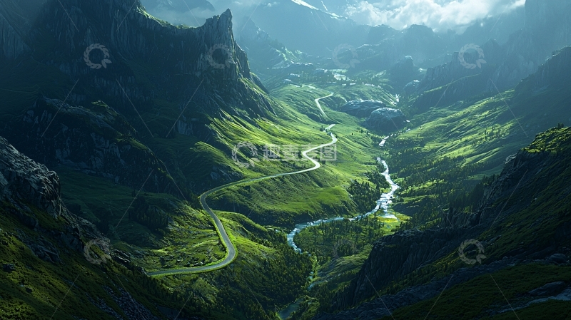 高清大图下载【趣麦麦图】山谷公路河流景色