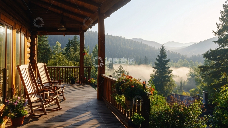 高清大图下载【趣麦麦图】木屋阳台清晨山景