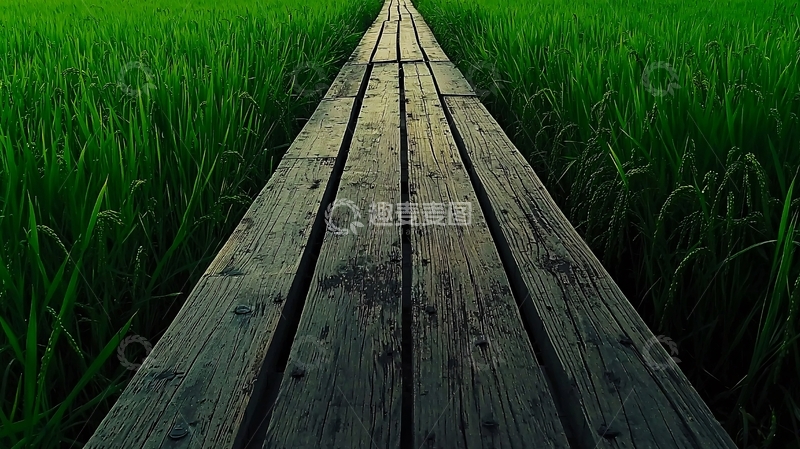 高清大图下载【趣麦麦图】绿油油稻田间木质栈道