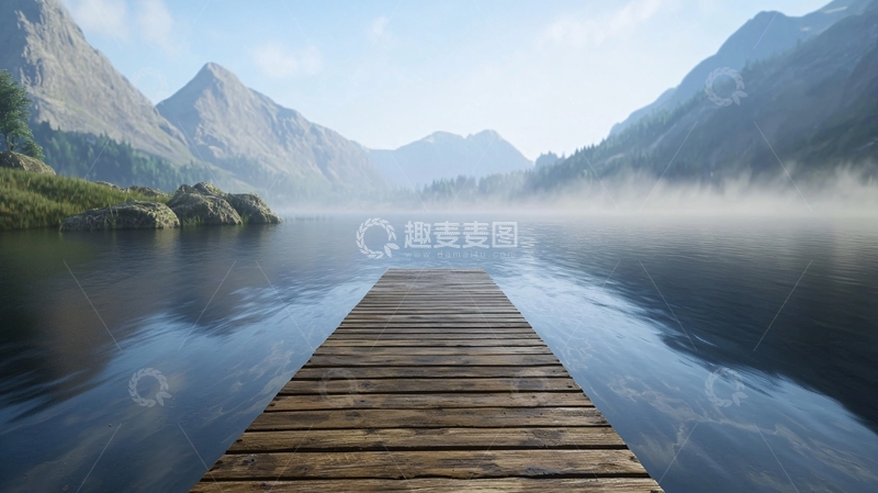 高清大图下载【趣麦麦图】雾气弥漫的山湖木栈道
