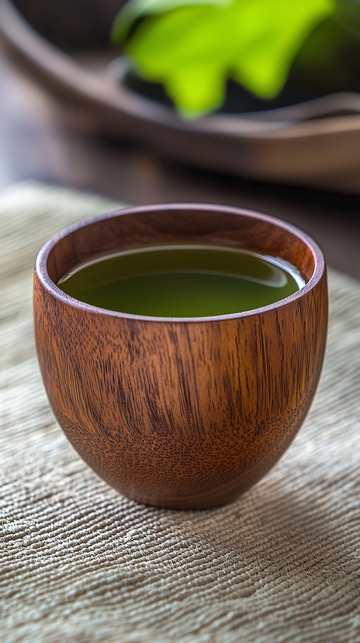 木质碗中的一杯抹茶