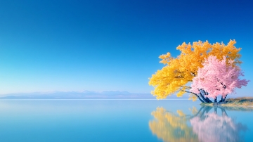 金黄粉红树木湖边倒影