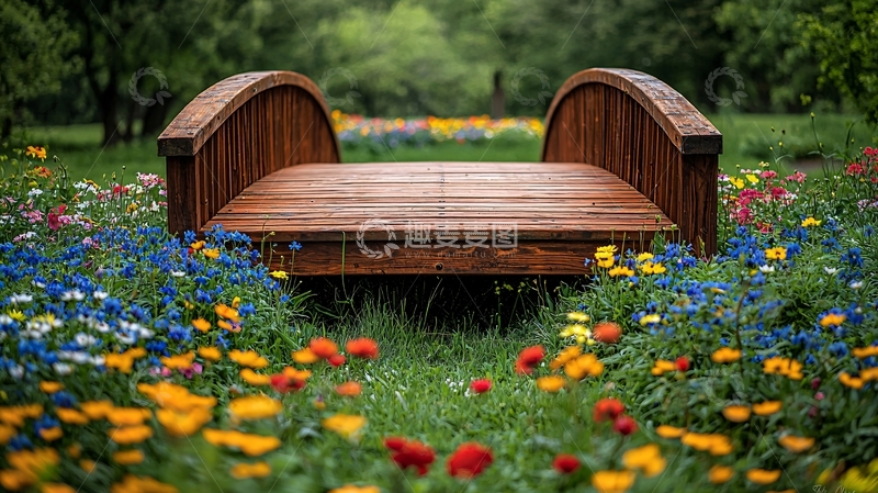 高清大图下载【趣麦麦图】木质长椅花丛中