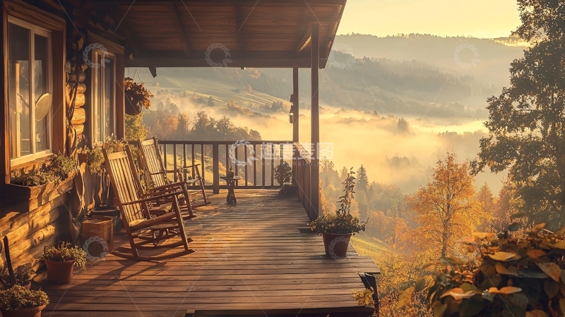 高清大图下载【趣麦麦图】山间木屋清晨景色