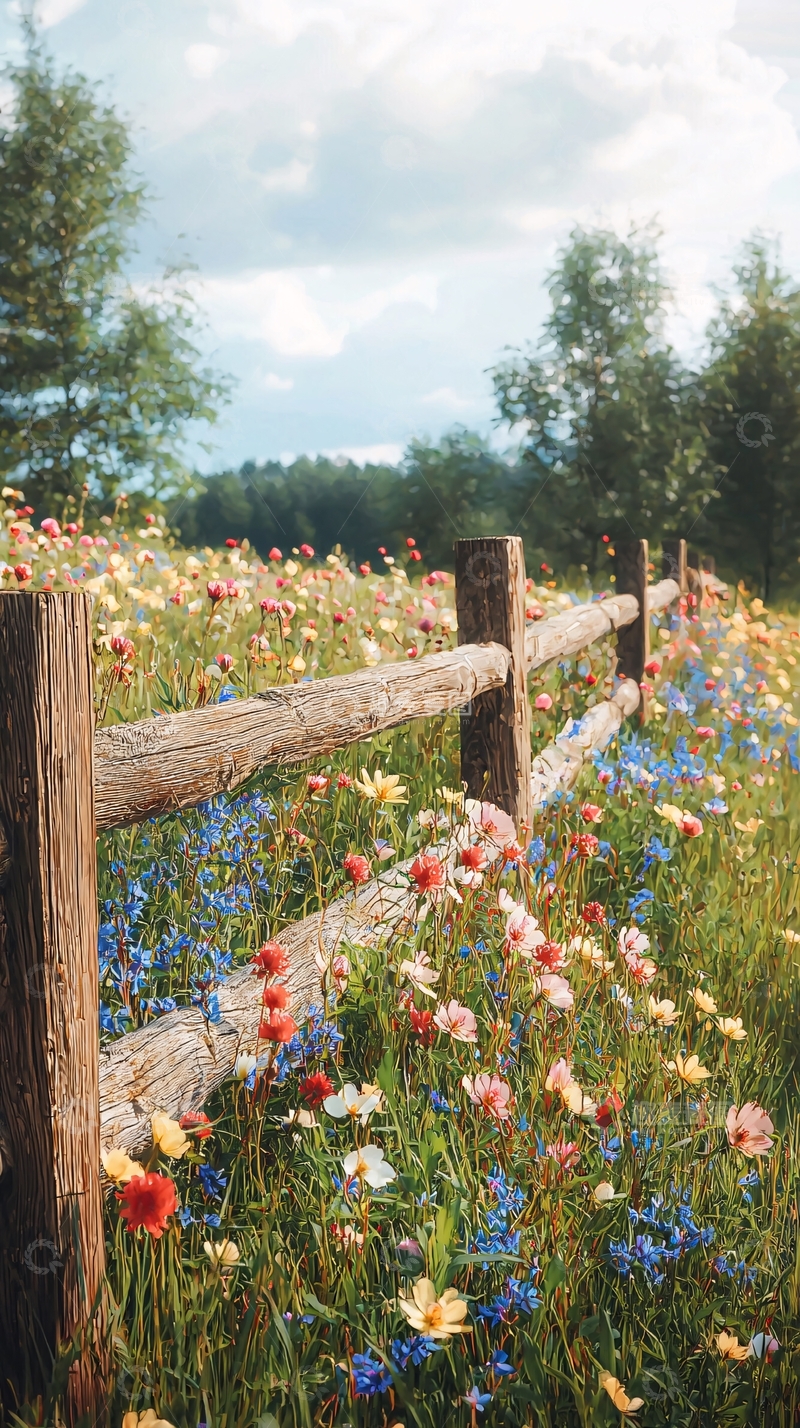 高清大图下载【趣麦麦图】木栅栏边盛开的野花田
