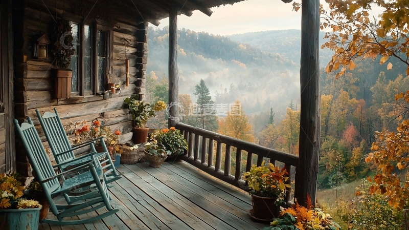 高清大图下载【趣麦麦图】秋日山林木屋阳台
