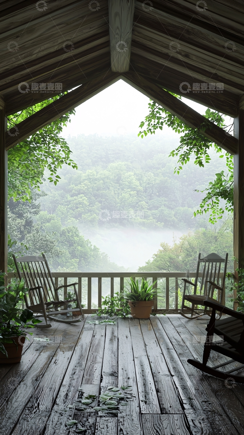 高清大图下载【趣麦麦图】雨后山景木质阳台