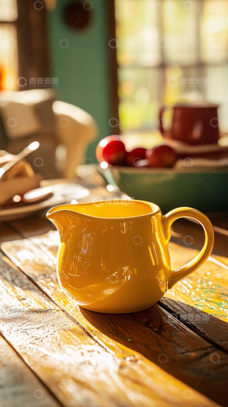 高清大图下载【趣麦麦图】阳光下的黄色陶瓷奶壶