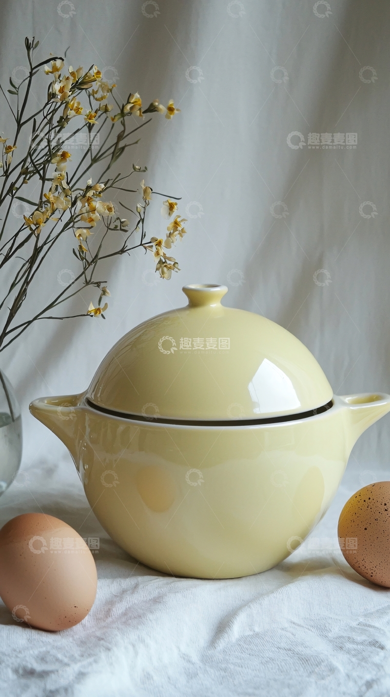 高清大图下载【趣麦麦图】复古米黄色陶瓷炖锅