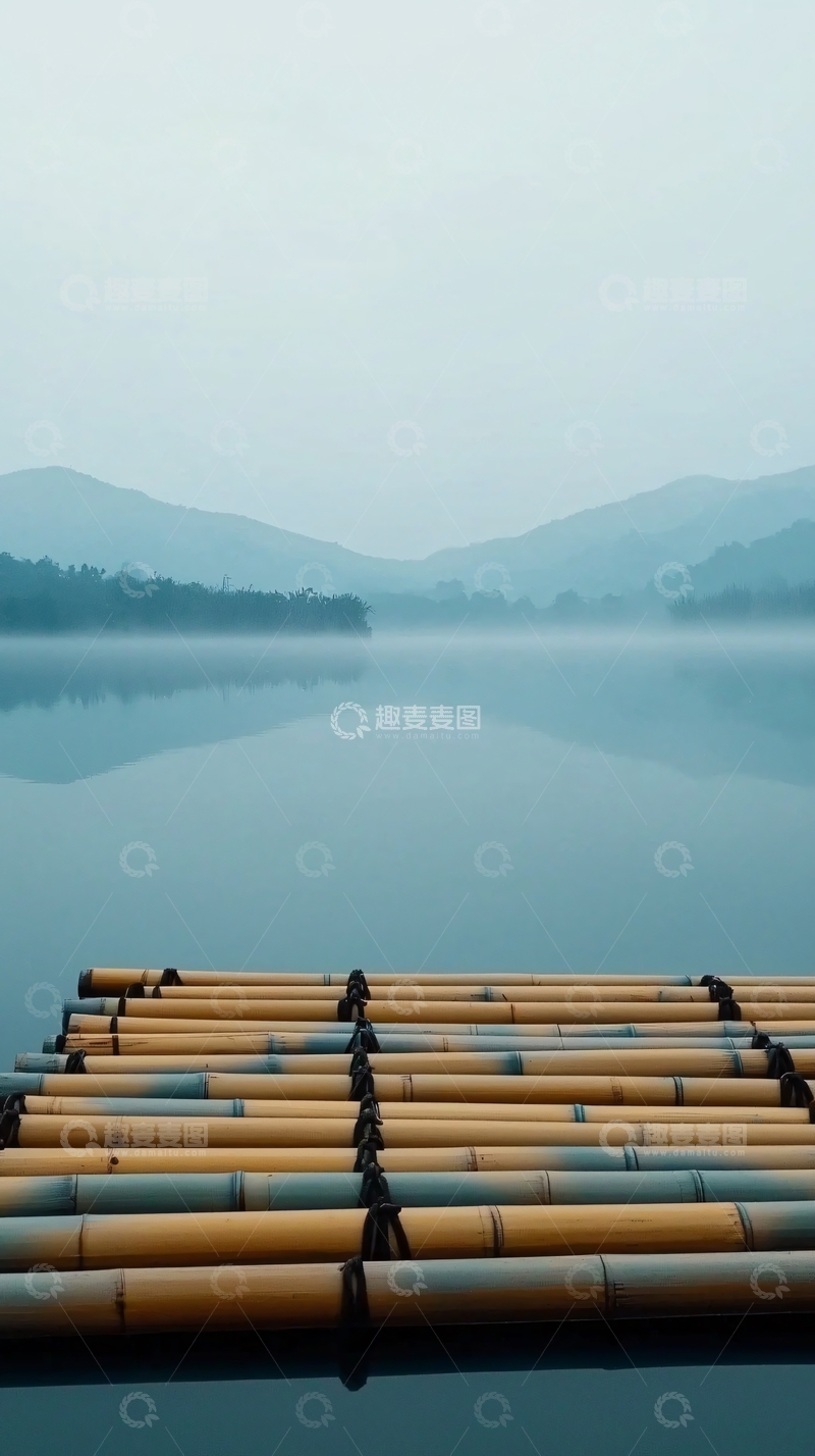 高清大图下载【趣麦麦图】雾气弥漫的湖面竹筏