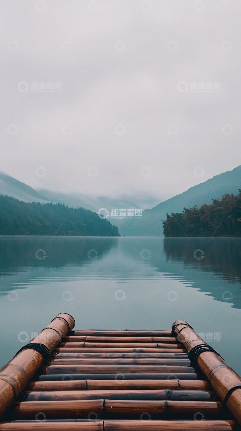 高清大图下载【趣麦麦图】平静湖面竹筏远山