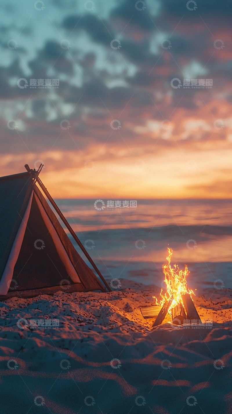 高清大图下载【趣麦麦图】海边篝火帐篷夜景
