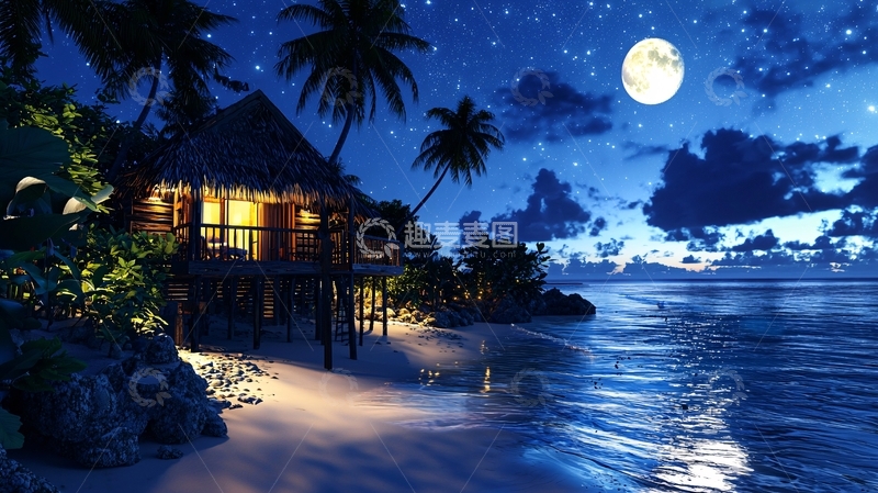 高清大图下载【趣麦麦图】海边小屋夜景