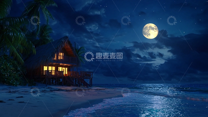 高清大图下载【趣麦麦图】海边小屋夜景