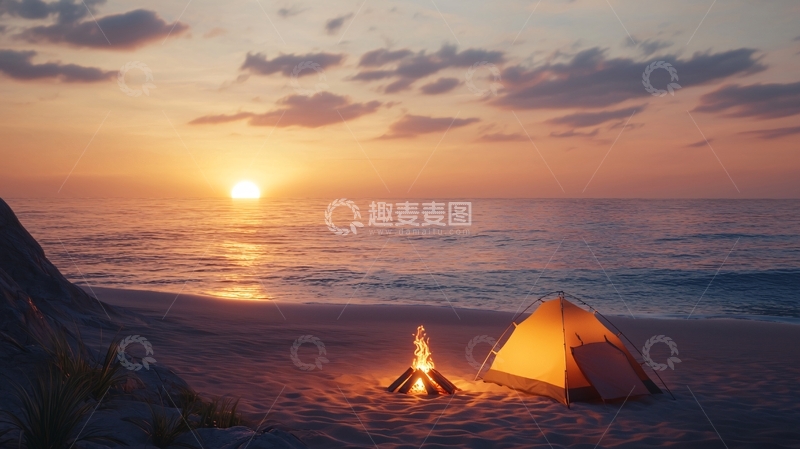 高清大图下载【趣麦麦图】海边日落篝火帐篷