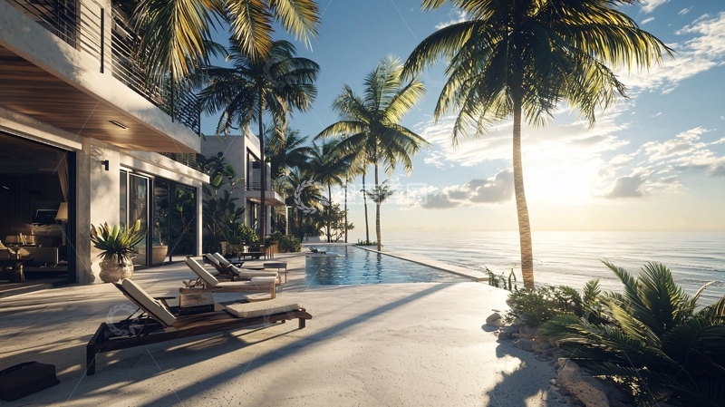 高清大图下载【趣麦麦图】海边别墅泳池日落