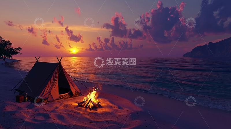 高清大图下载【趣麦麦图】海滩旁的篝火和帐篷