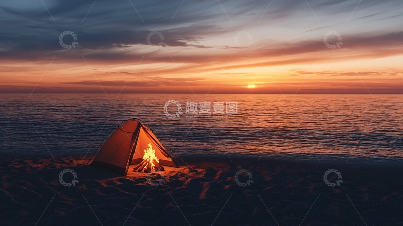 高清大图下载【趣麦麦图】海边日落篝火帐篷
