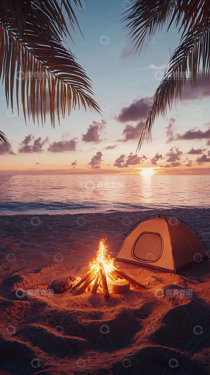 高清大图下载【趣麦麦图】海滩营火日落帐篷